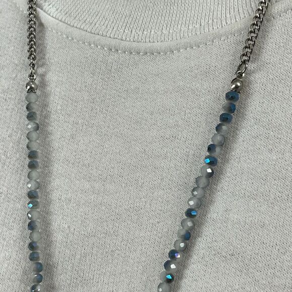 Tassel Chain Necklace Glass Beads Silver Tone Curb 32in Rhinestone Banded Agate - Picture 9 of 14